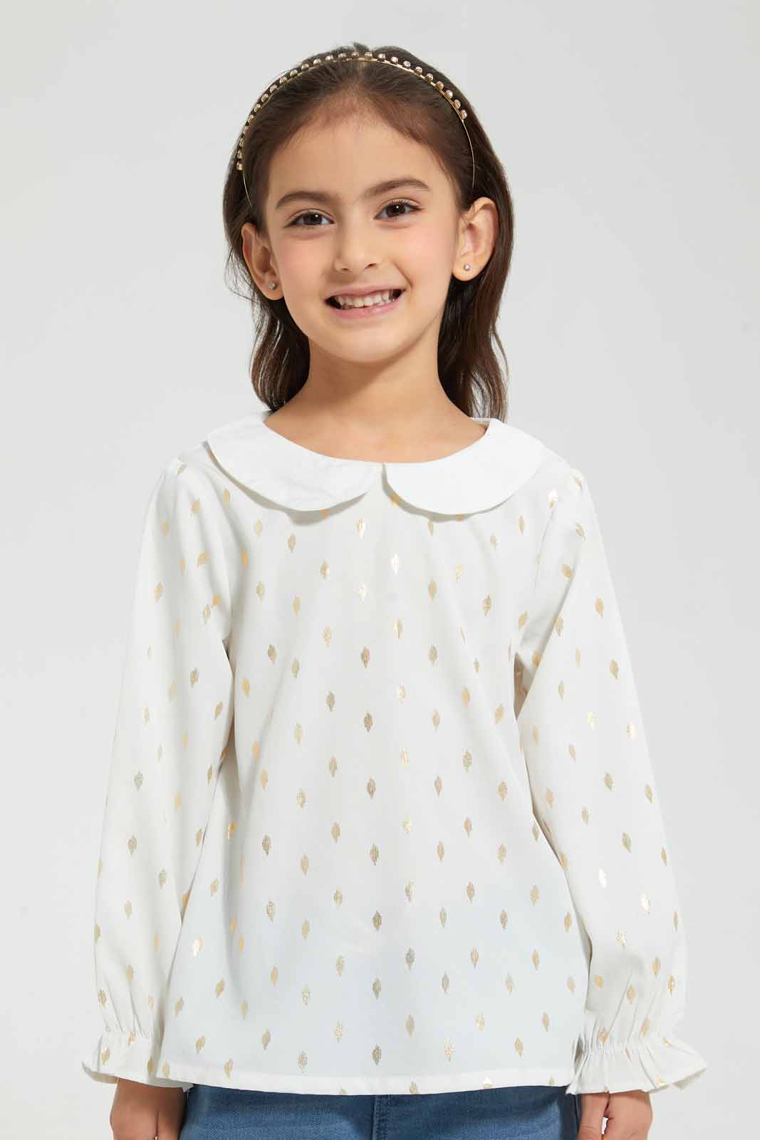 Redtag-White-All-Over-Foil-Print-With-Peter-Pan-Collar-Blouse-Blouses-Girls-2 to 8 Years