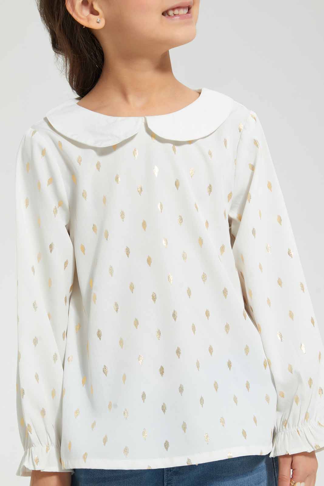 Redtag-White-All-Over-Foil-Print-With-Peter-Pan-Collar-Blouse-Blouses-Girls-2 to 8 Years