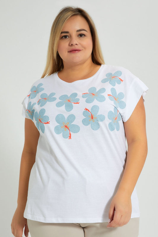 Redtag-White-With-Placement-Print-Top-Colour:White,-Filter:Plus-Size,-LDP-T-Shirts,-New-In,-New-In-LDP,-Non-Sale,-S22B,-Section:Women-Women's-