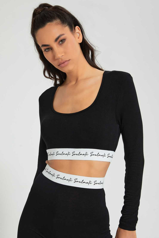 Redtag-Black-Scoop-Neck-T-Shirt-With-Printed-Elastic-Band-Loungewear-Women's-