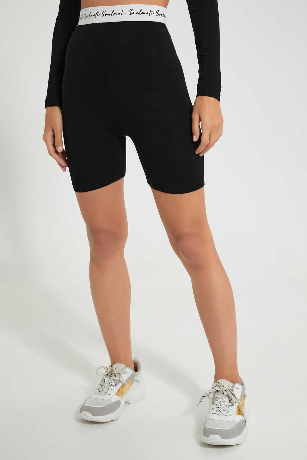 Redtag-Black-Short-With-Printed-Waistband-Loungewear-Women's-