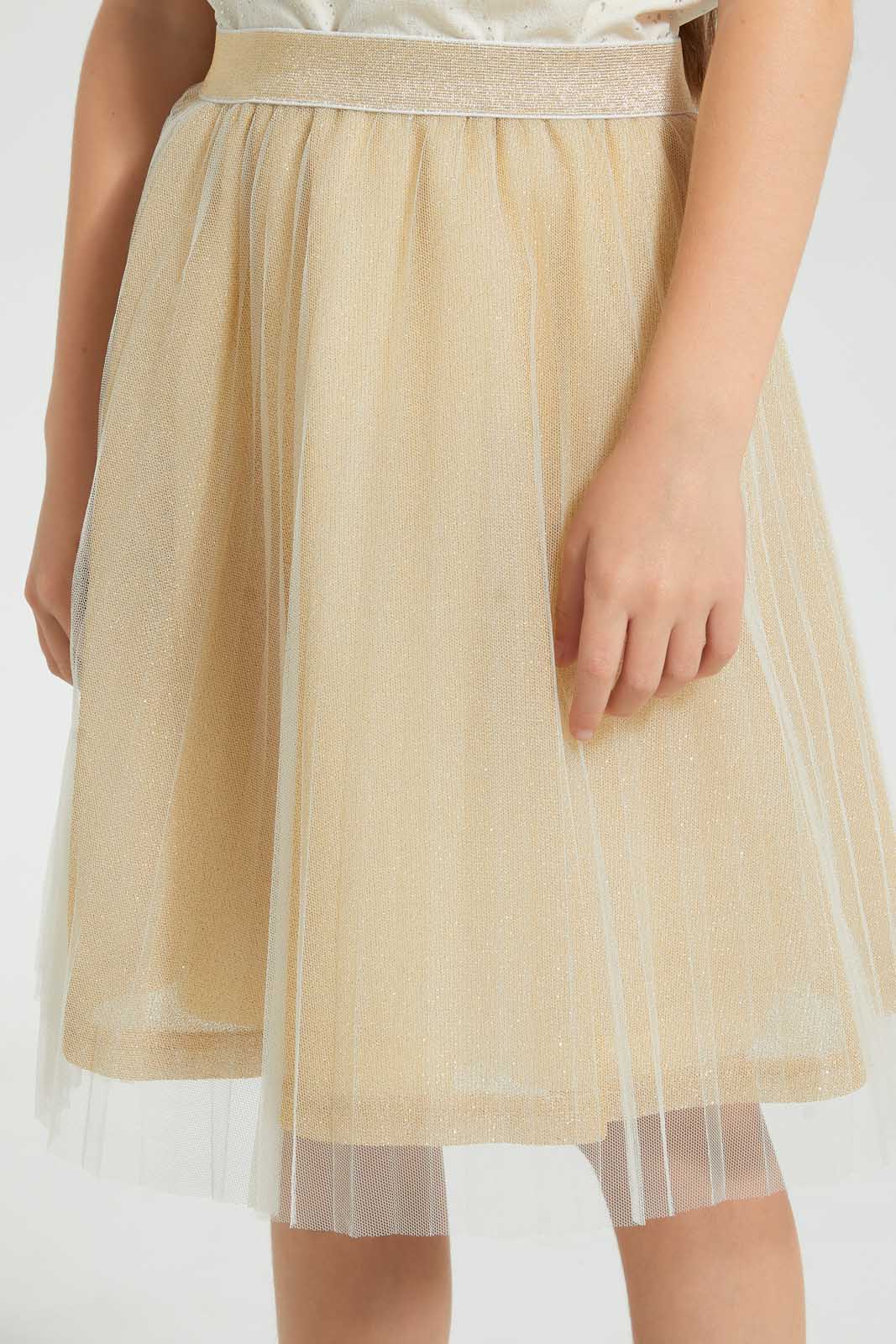Redtag-Cream-Mesh-Gathers-Skirt-Skirts-Girls-2 to 8 Years