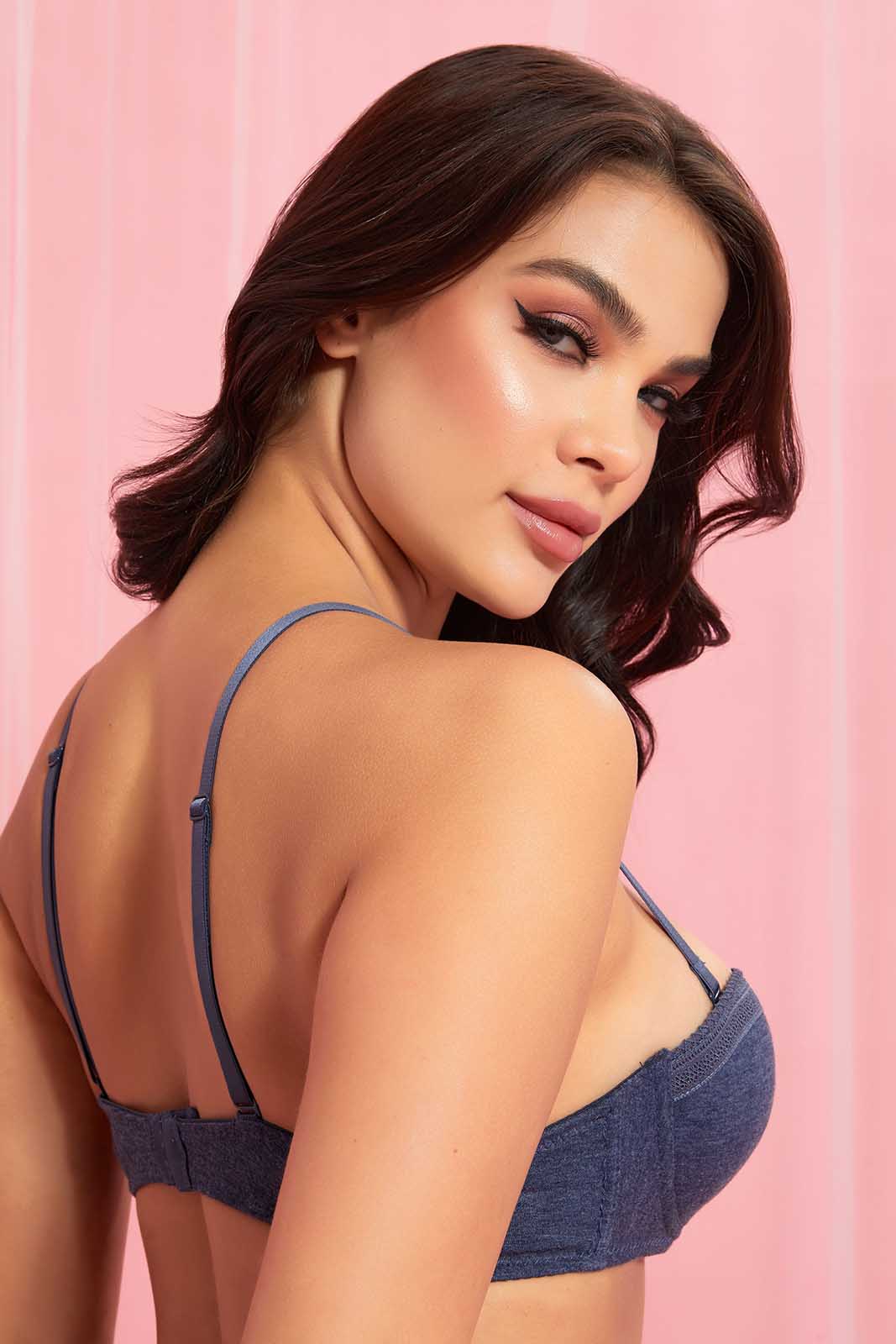 Redtag-Navy-Melange-Plain-Padded-Balconette-Bra-With-Lace-Balconette-Bras-Women's-