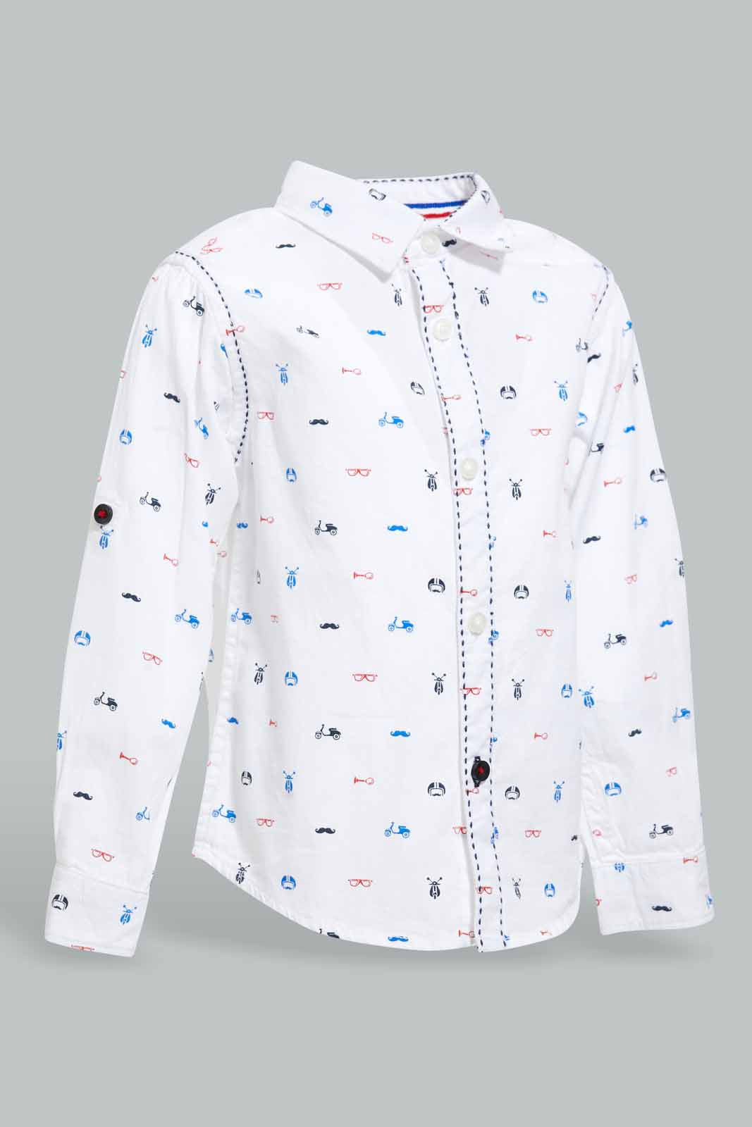 Redtag-White-Bike-Printed-Long-Sleeve-Shirt-With-Roll-Up-Casual-Shirts-Infant-Boys-3 to 24 Months