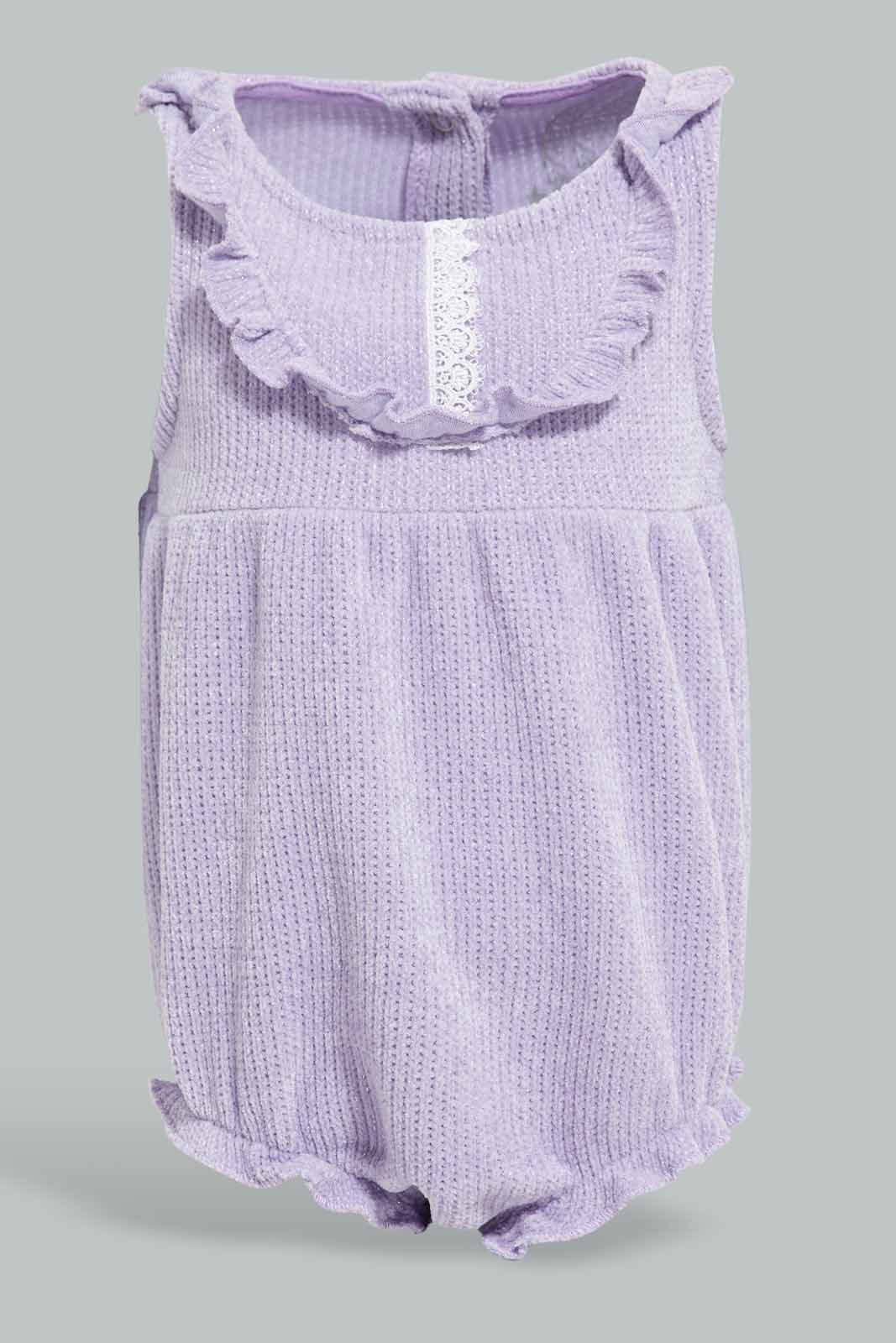 Redtag-Lilac-Neck-Frill-Romper-Category:Rompers,-Colour:Lilac,-Deals:New-In,-Filter:Baby-(0-to-12-Mths),-NBB-Rompers,-New-In-NBB-APL,-Non-Sale,-Section:Boys-(0-to-14Yrs),-W22A-Baby-0 to 12 Months
