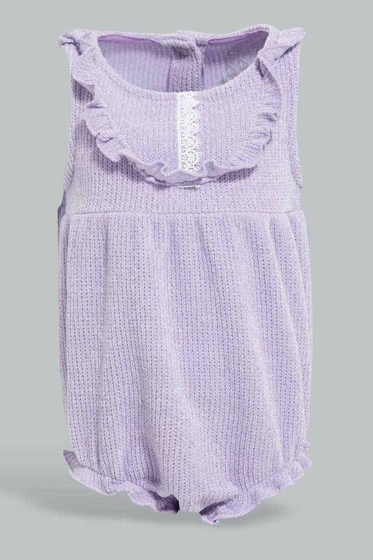 Redtag-Lilac-Neck-Frill-Romper-Category:Rompers,-Colour:Lilac,-Deals:New-In,-Filter:Baby-(0-to-12-Mths),-NBB-Rompers,-New-In-NBB-APL,-Non-Sale,-Section:Boys-(0-to-14Yrs),-W22A-Baby-0 to 12 Months