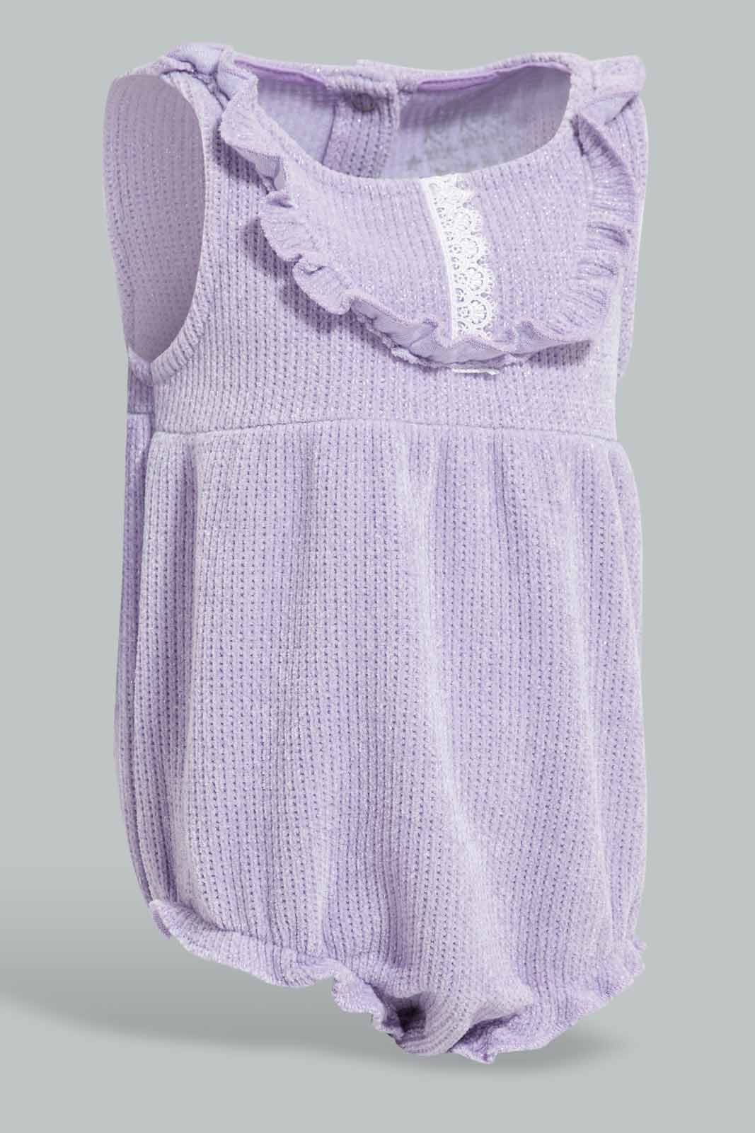 Redtag-Lilac-Neck-Frill-Romper-Category:Rompers,-Colour:Lilac,-Deals:New-In,-Filter:Baby-(0-to-12-Mths),-NBB-Rompers,-New-In-NBB-APL,-Non-Sale,-Section:Boys-(0-to-14Yrs),-W22A-Baby-0 to 12 Months