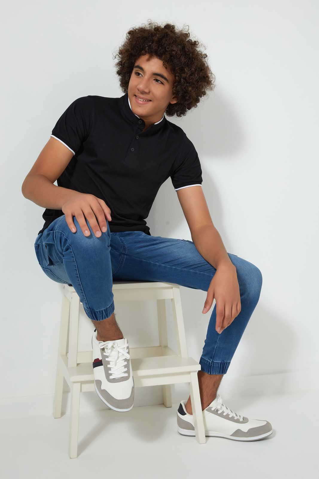 Redtag-Black-Plain-Mandarin-Polo-Plain-Senior-Boys-9 to 14 Years