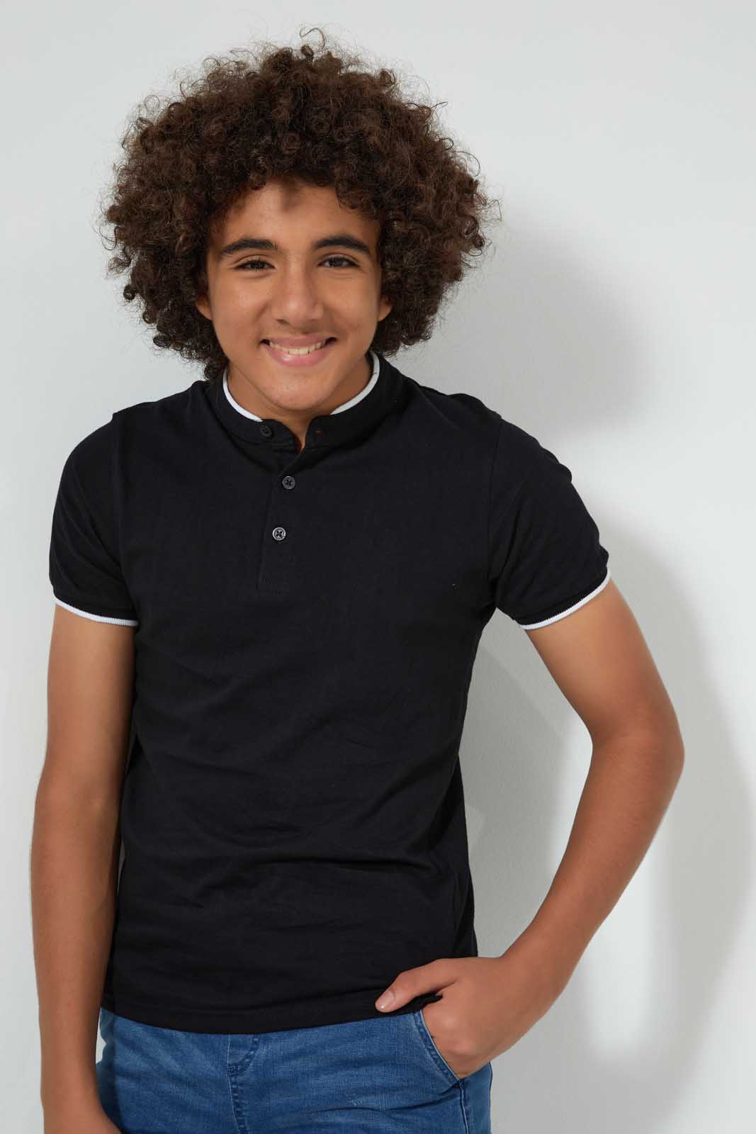 Redtag-Black-Plain-Mandarin-Polo-Plain-Senior-Boys-9 to 14 Years