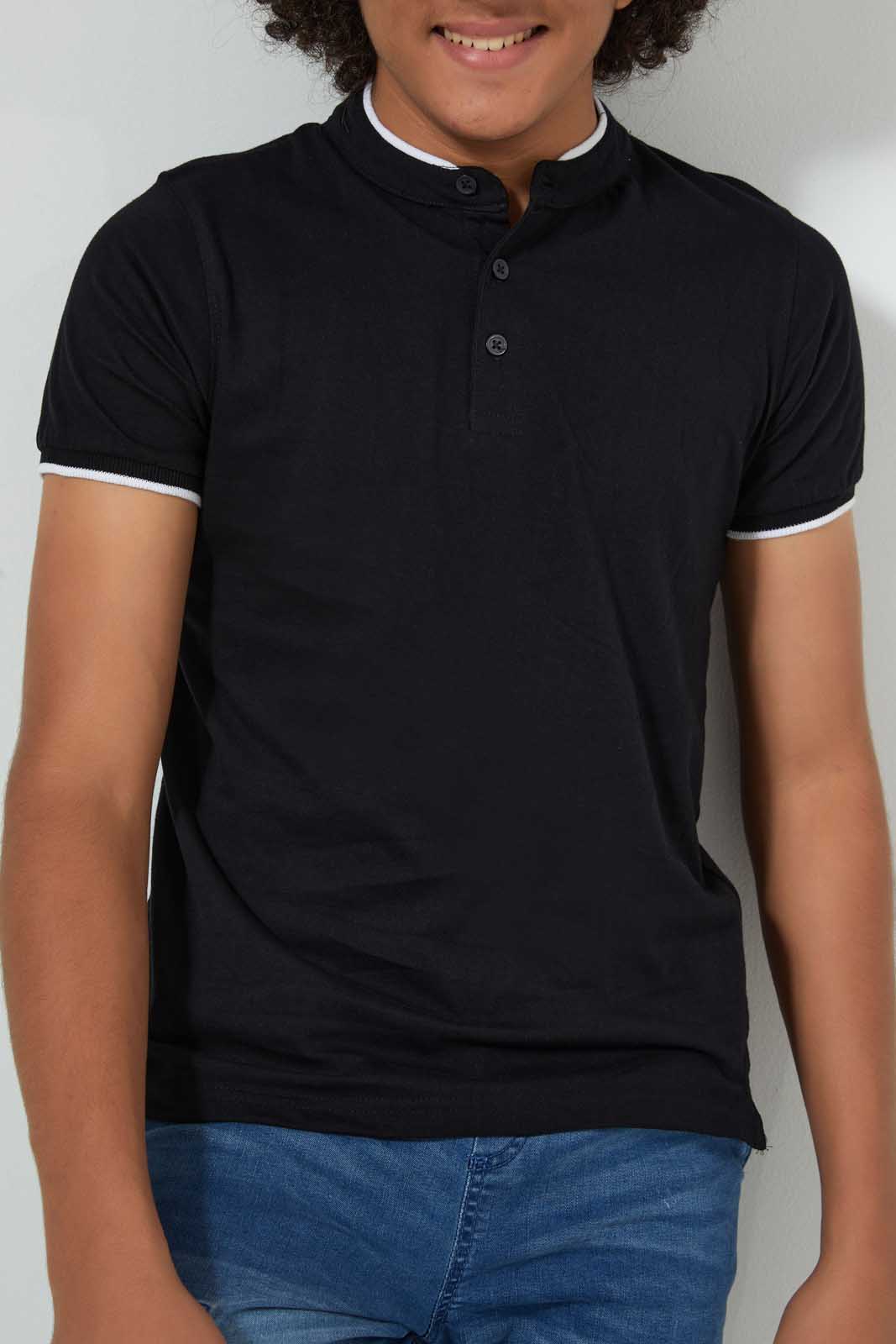 Redtag-Black-Plain-Mandarin-Polo-Plain-Senior-Boys-9 to 14 Years