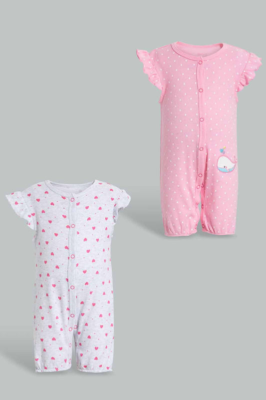 Redtag-Pink-Melange-And-Heart-Print-Frill-2-Piece-Pack-Romper-Rompers-Baby-0 to 12 Months