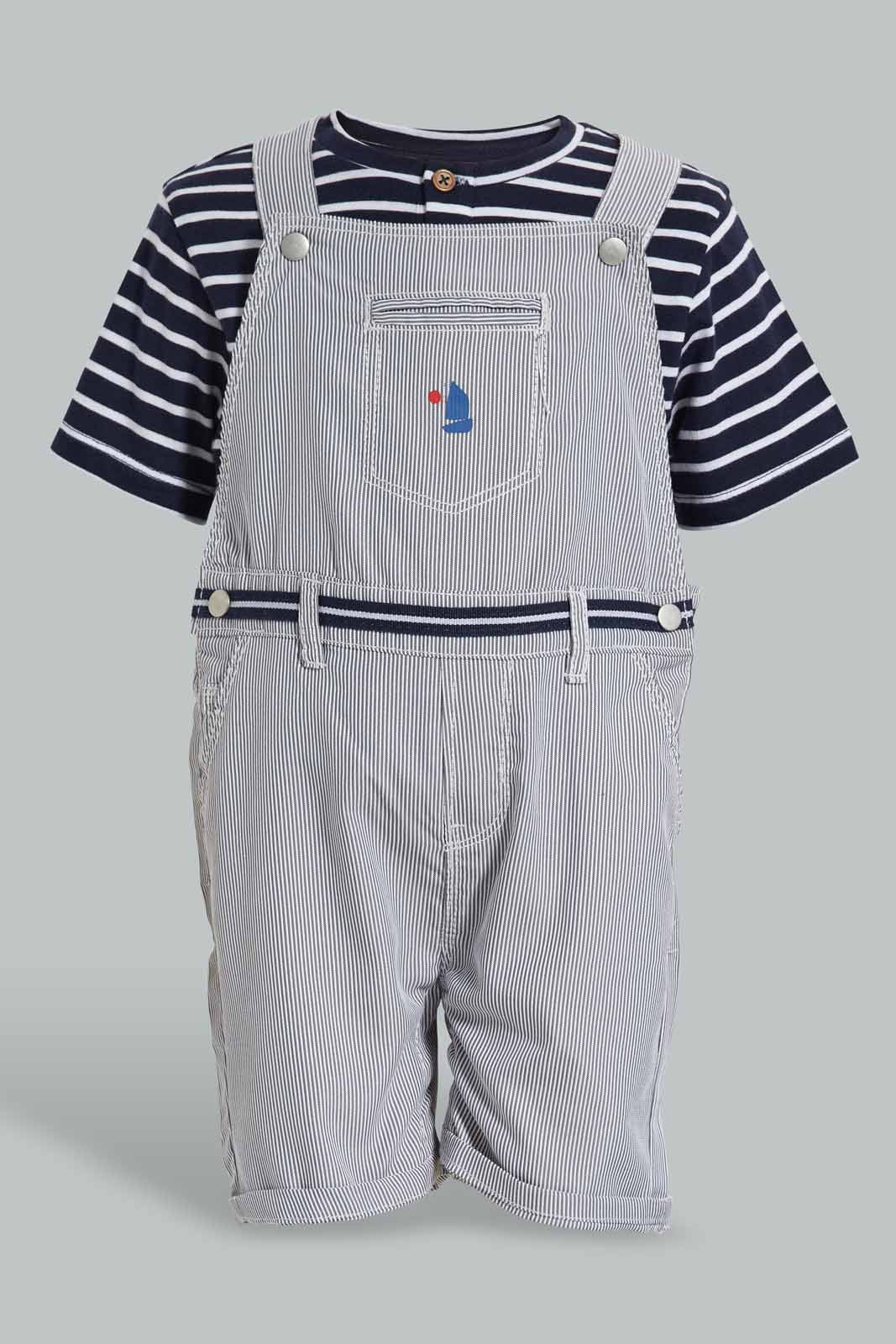 Redtag-Grey-And-Navy-Dungaree-Category:Sets,-Colour:Navy,-EXE,-Filter:Infant-Boys-(3-to-24-Mths),-INB-Sets,-Non-Sale,-S22C,-Section:Boys-(0-to-14Yrs)-Infant-Boys-3 to 24 Months