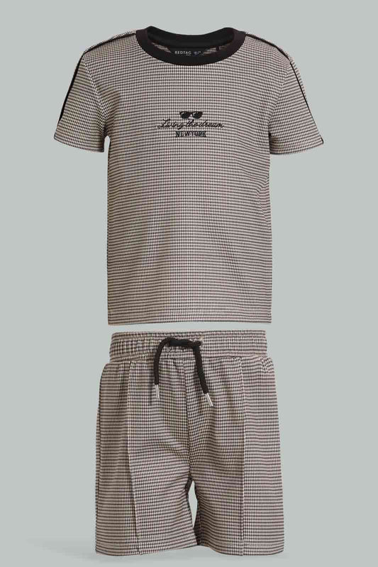 Redtag-Brown-Checked-Top-And-Bottom-Short-Set-Sets-Infant-Boys-3 to 24 Months