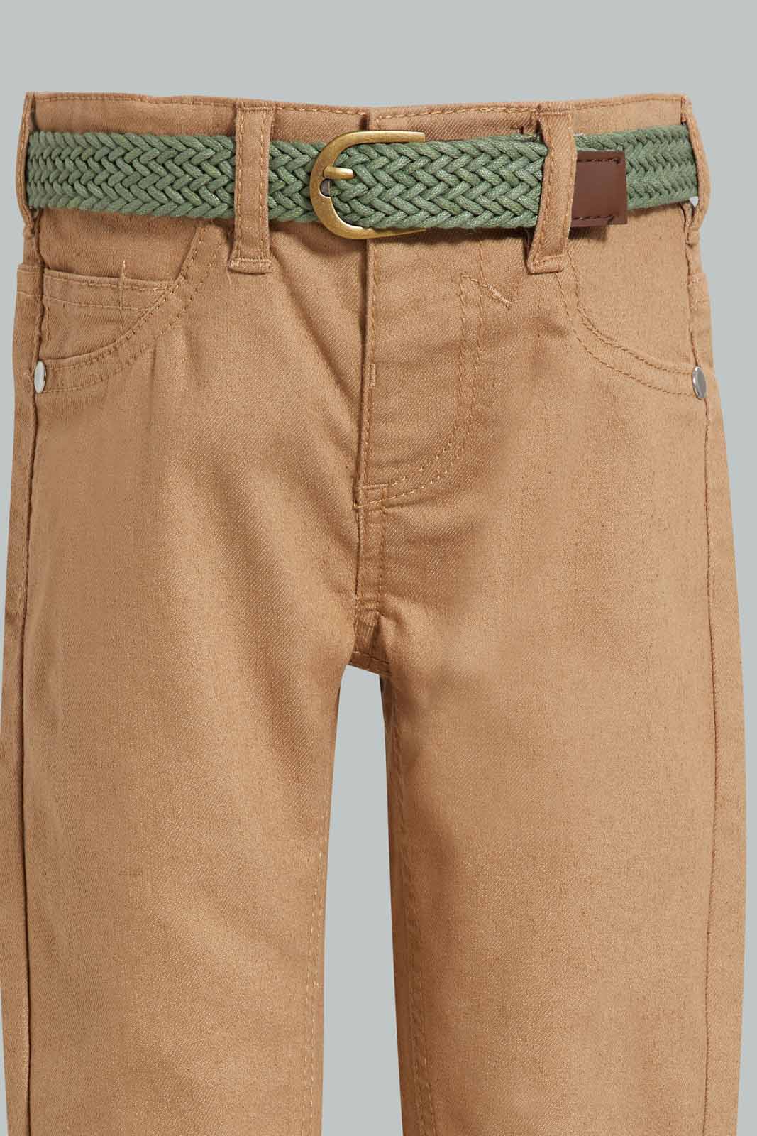 Redtag-Beige-Color-Denim-Pant-With-Belt-Jeans-Slim-Fit-Infant-Boys-3 to 24 Months