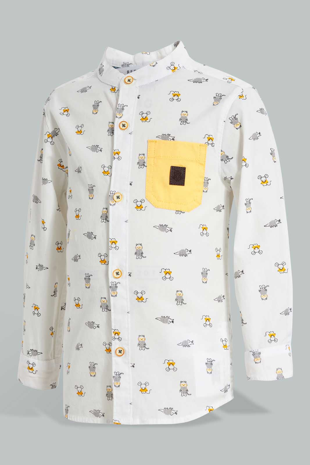 Redtag-White-Printed-Long-Sleeve-Mandarin-Shirt-Casual-Shirts-Infant-Boys-3 to 24 Months