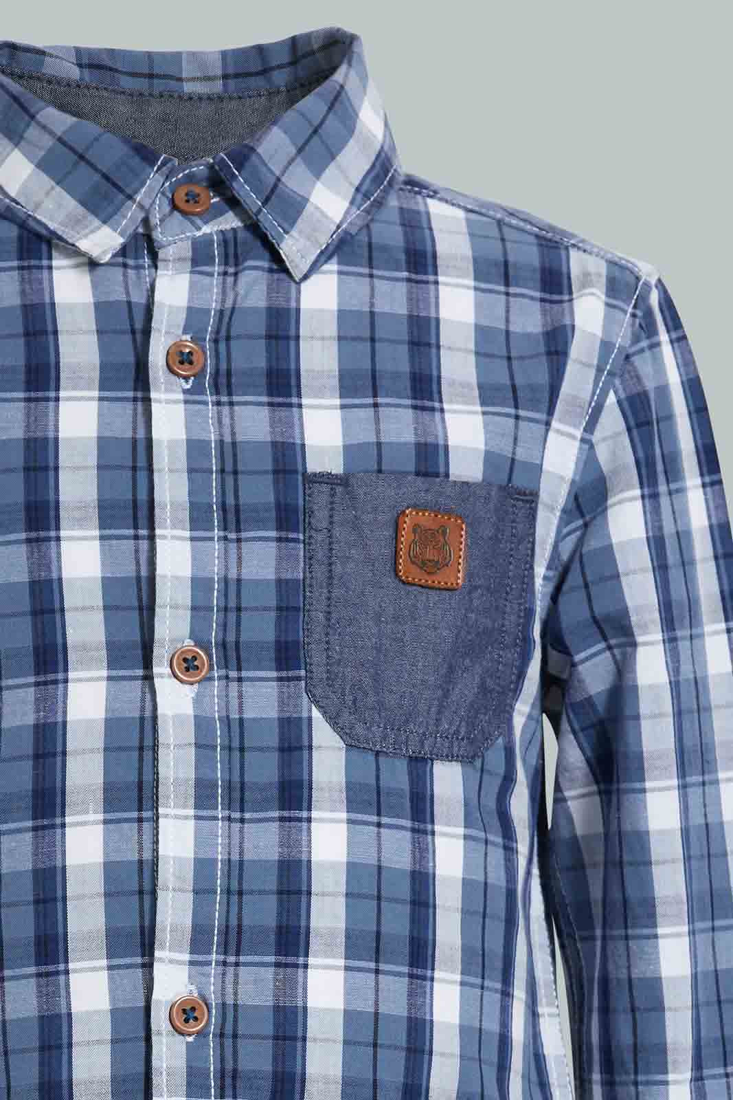 Redtag-Blue-Yarndyed-Cut-And-Sew-Mandarin-Long-Sleeve-Shirt-Casual-Shirts-Infant-Boys-3 to 24 Months
