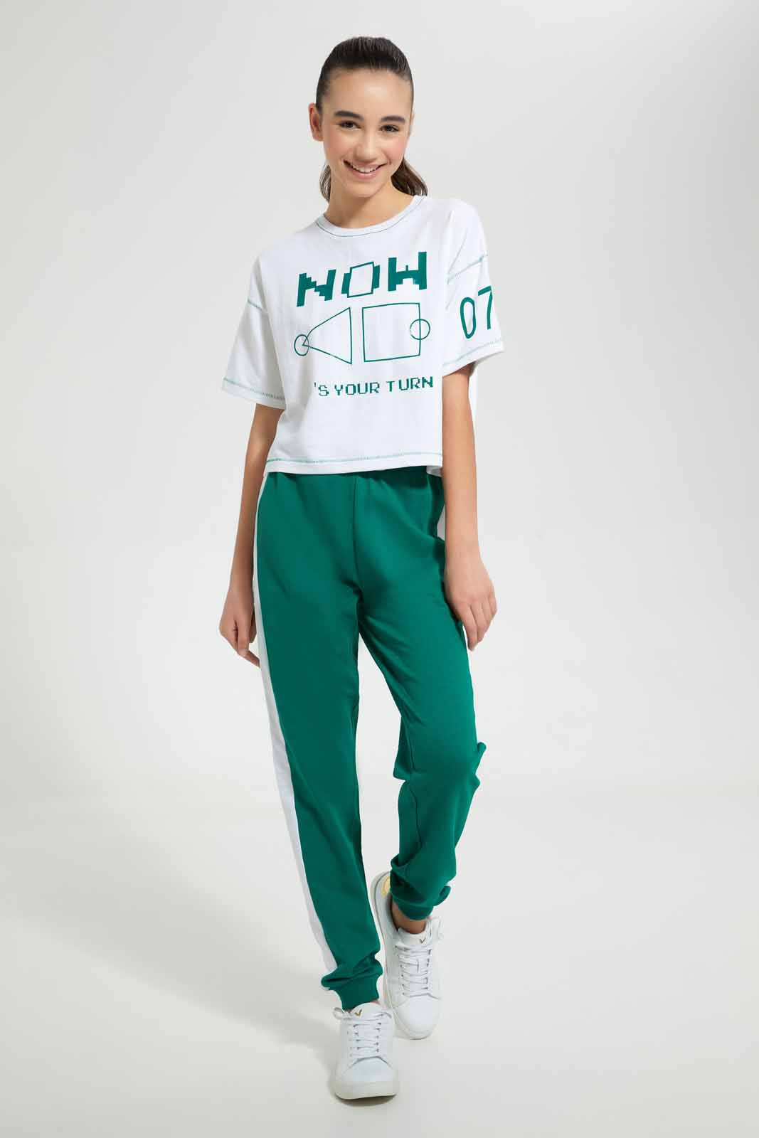 Redtag-White/Black-High-Density-Print-Boxy-Crop-Top-Embellished-T-Shirts-Senior-Girls-9 to 14 Years