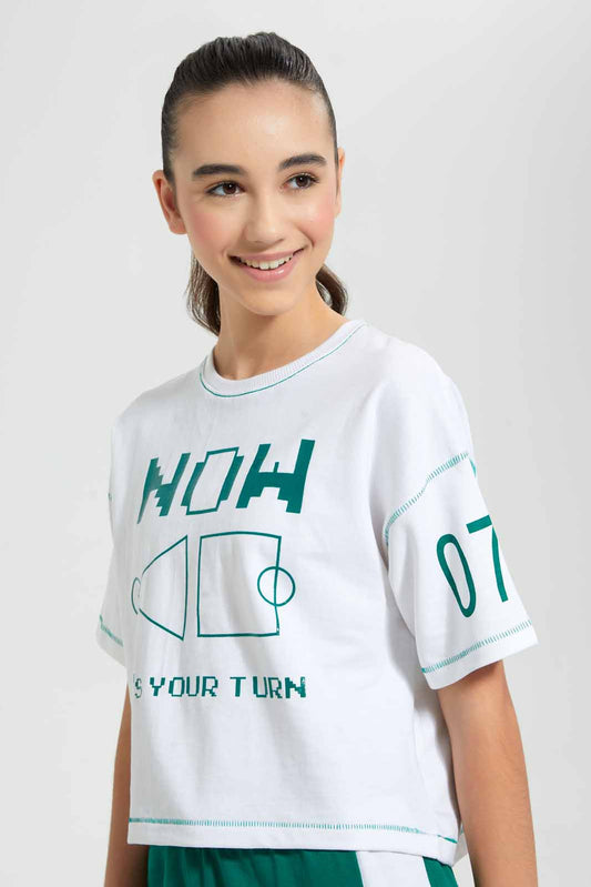Redtag-White/Black-High-Density-Print-Boxy-Crop-Top-Embellished-T-Shirts-Senior-Girls-9 to 14 Years
