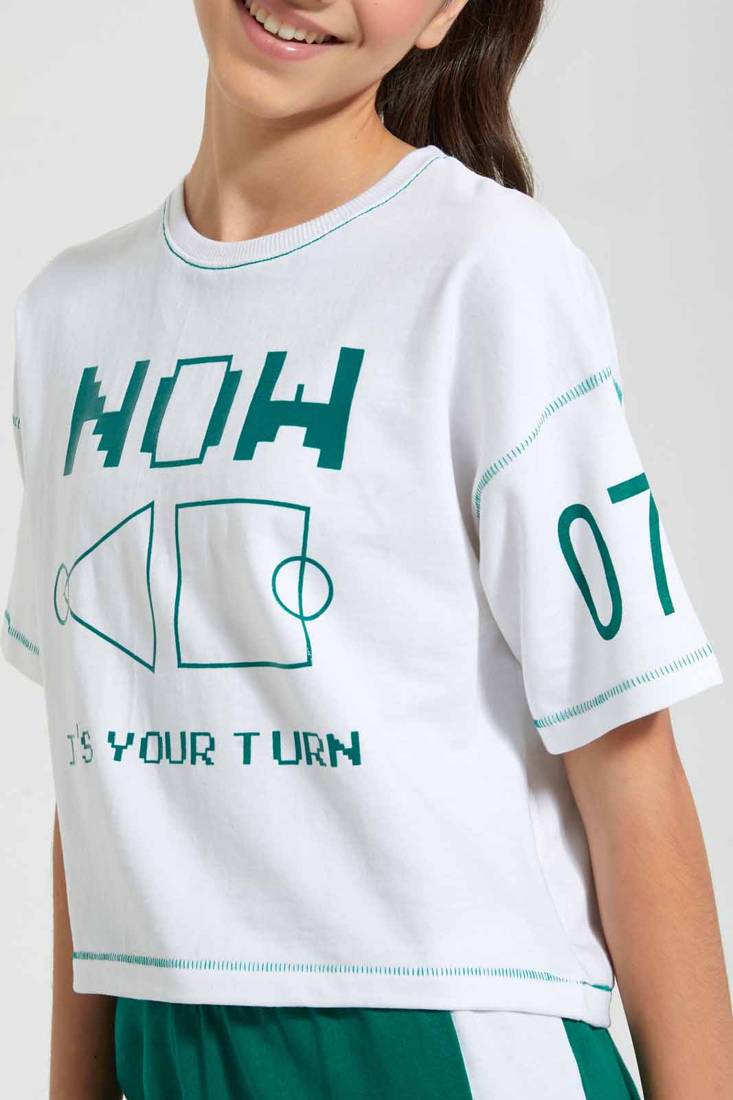Redtag-White/Black-High-Density-Print-Boxy-Crop-Top-Embellished-T-Shirts-Senior-Girls-9 to 14 Years
