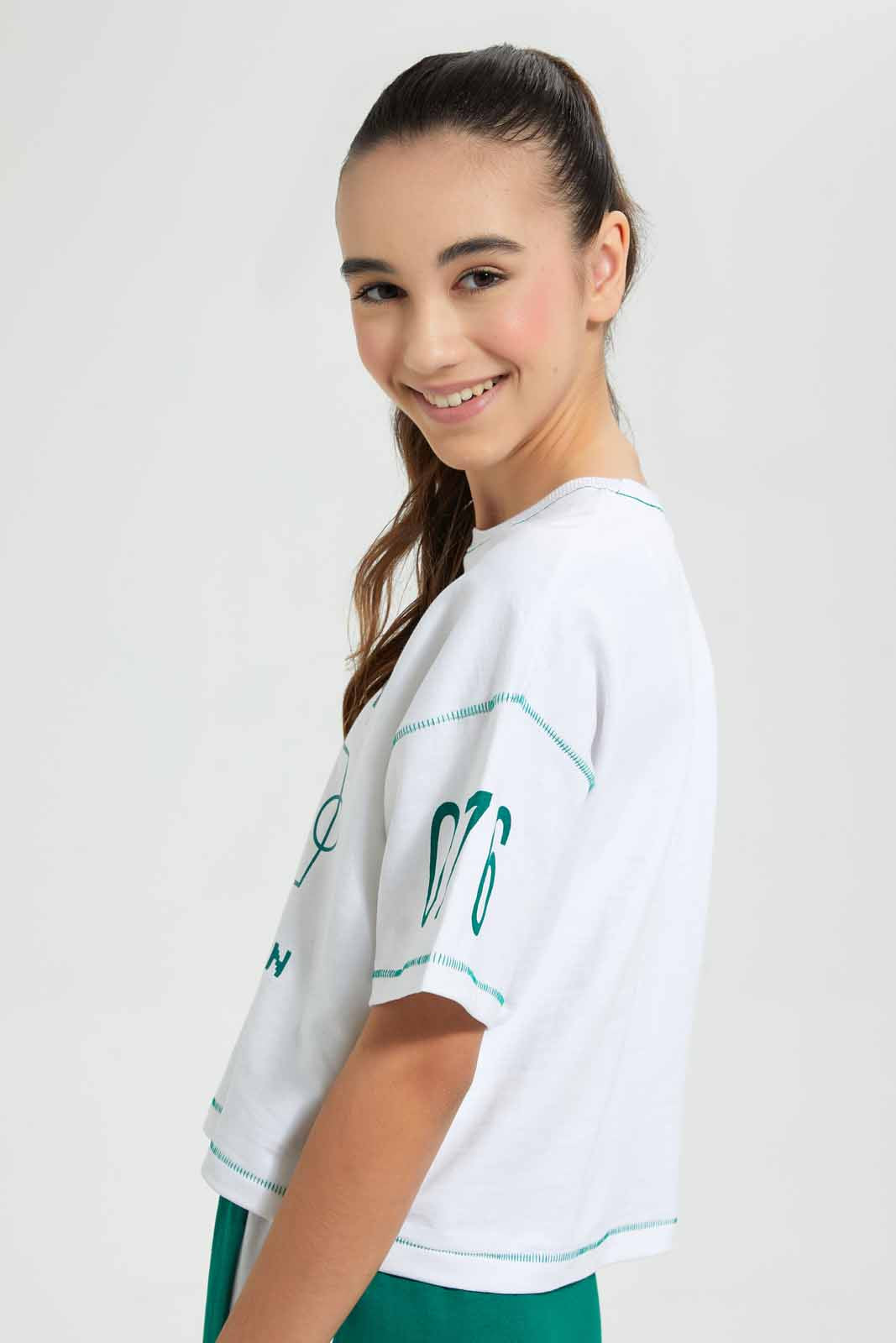 Redtag-White/Black-High-Density-Print-Boxy-Crop-Top-Embellished-T-Shirts-Senior-Girls-9 to 14 Years