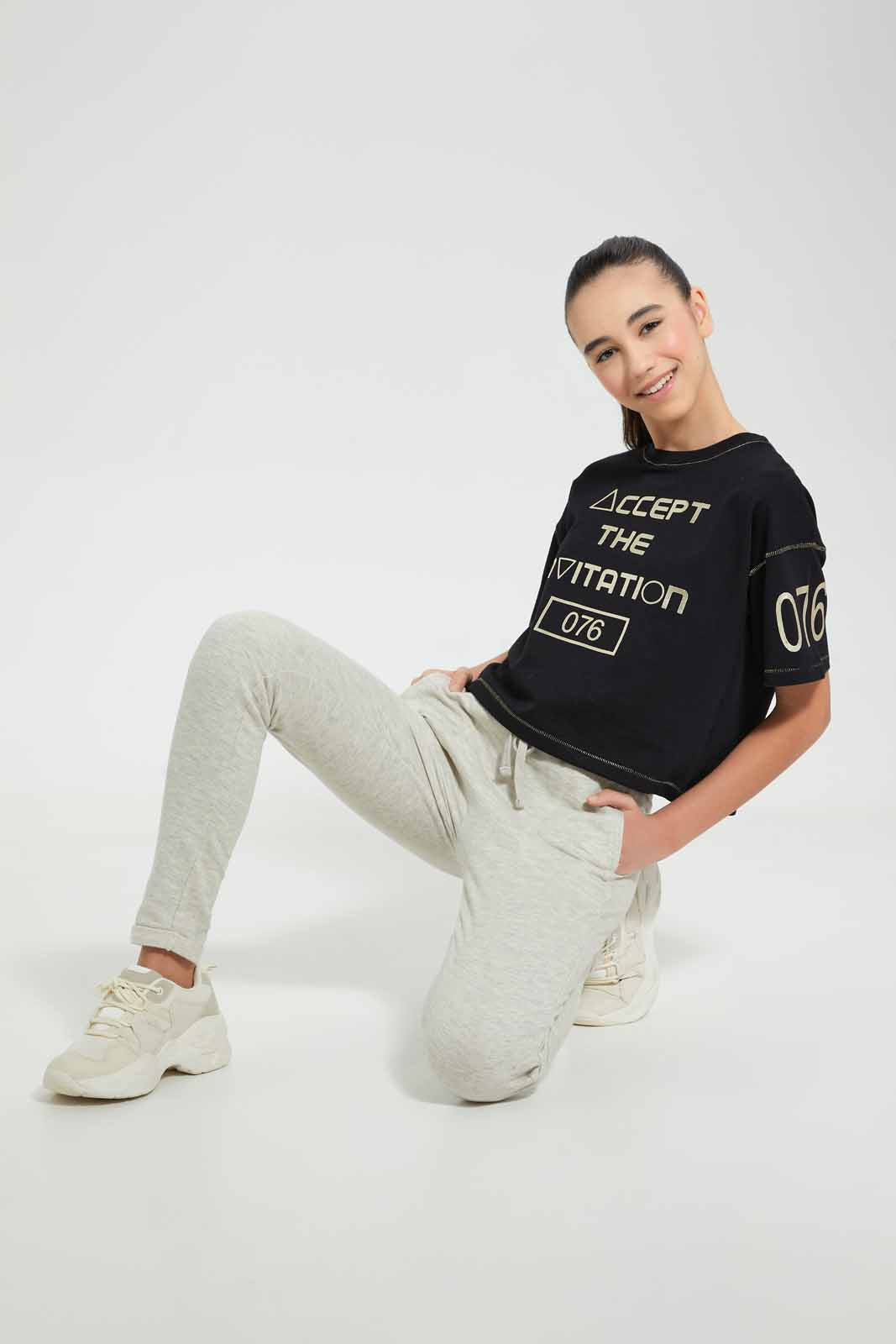 Redtag-Black/Gold-High-Density-Print-Boxy-Crop-Top-Embellished-T-Shirts-Senior-Girls-9 to 14 Years