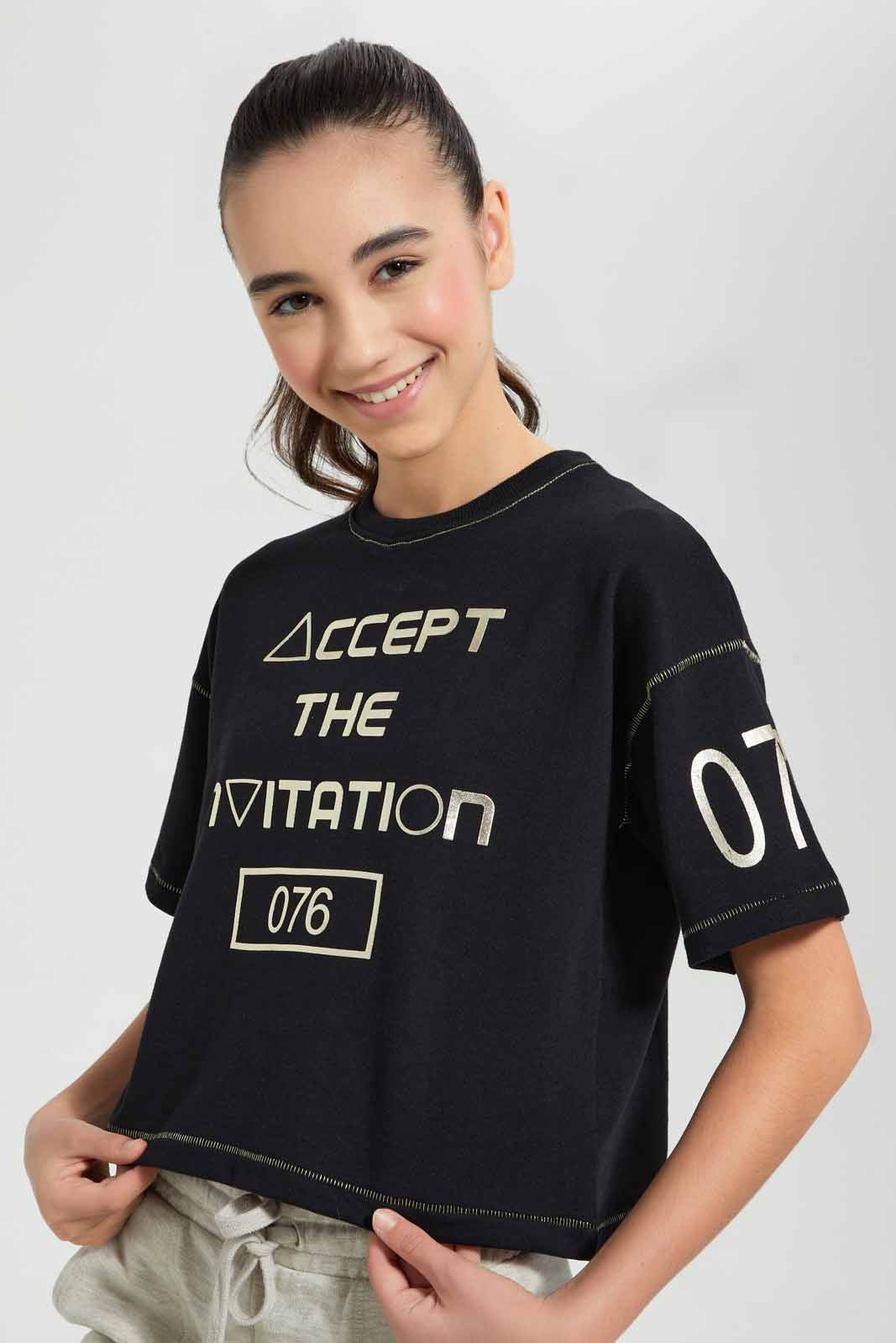 Redtag-Black/Gold-High-Density-Print-Boxy-Crop-Top-Embellished-T-Shirts-Senior-Girls-9 to 14 Years
