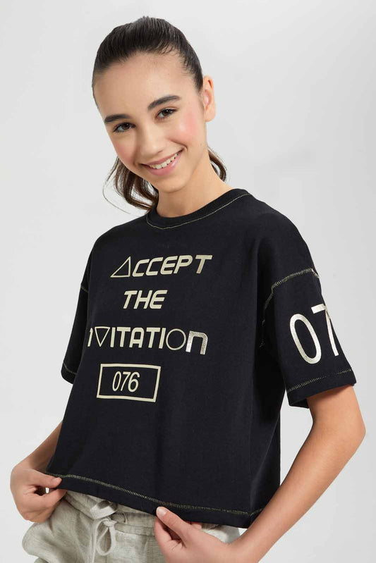 Redtag-Black/Gold-High-Density-Print-Boxy-Crop-Top-Embellished-T-Shirts-Senior-Girls-9 to 14 Years