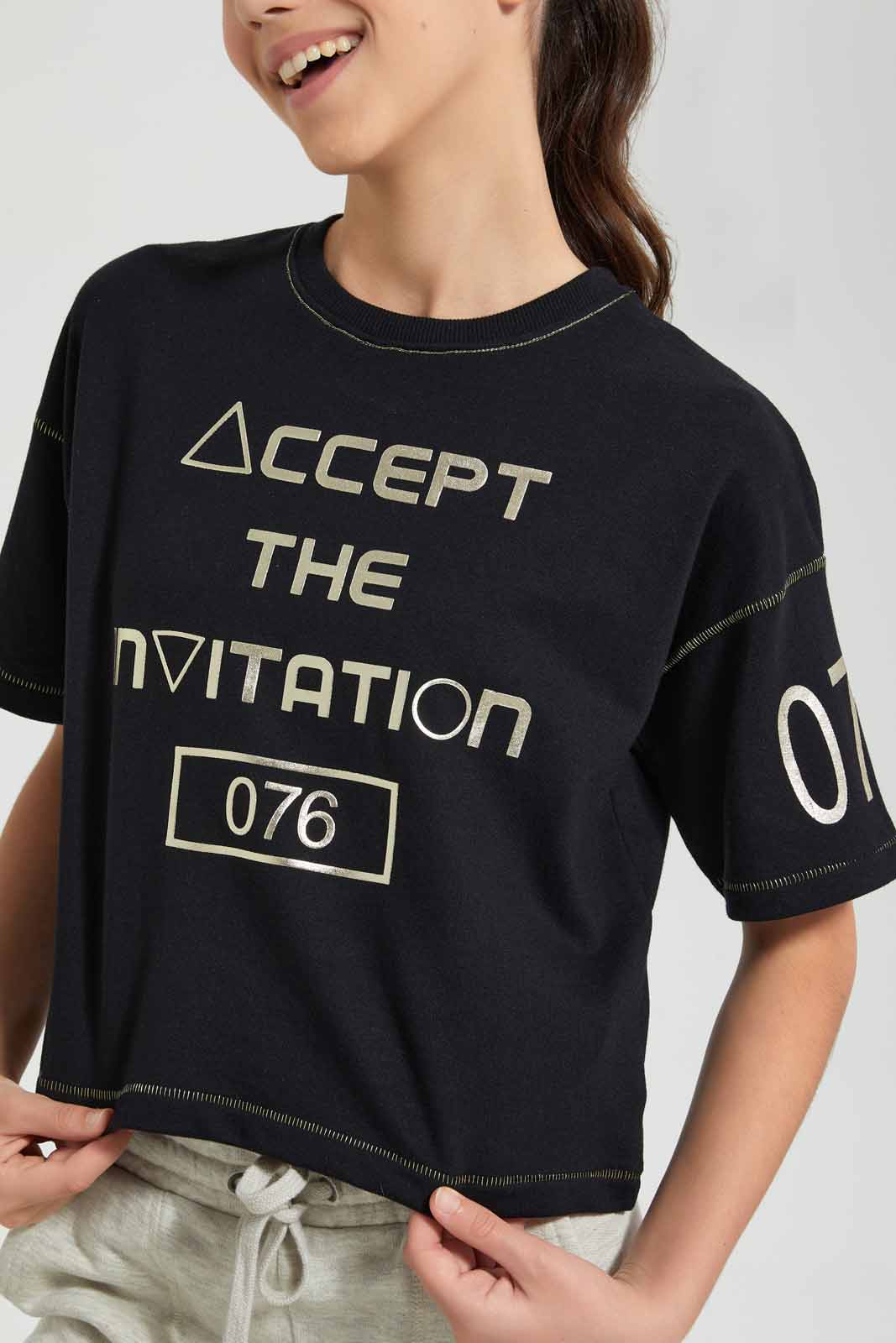 Redtag-Black/Gold-High-Density-Print-Boxy-Crop-Top-Embellished-T-Shirts-Senior-Girls-9 to 14 Years