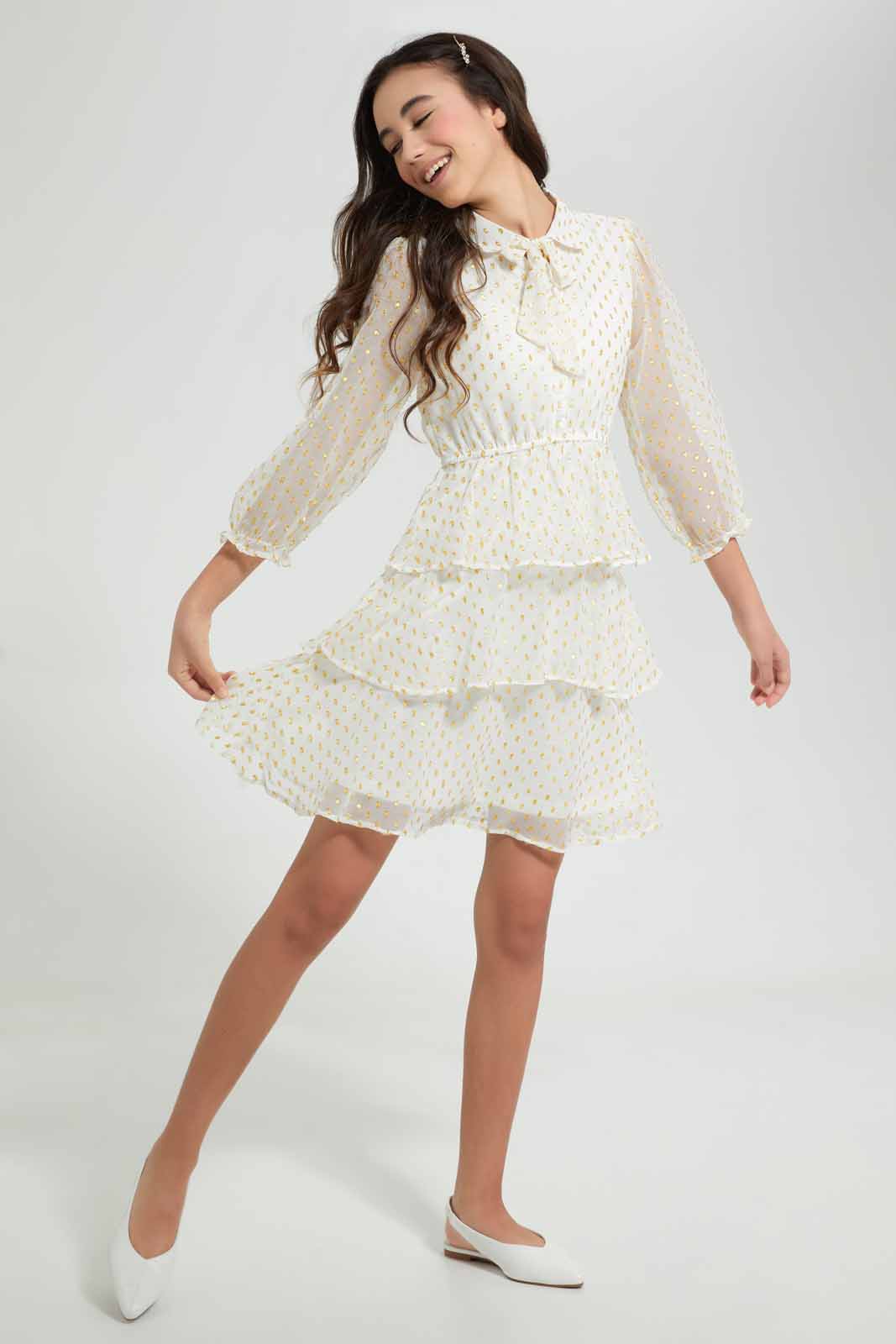 Redtag-White/Gold-Dobby-L/S-Layered-Dress-Dresses-Senior-Girls-9 to 14 Years