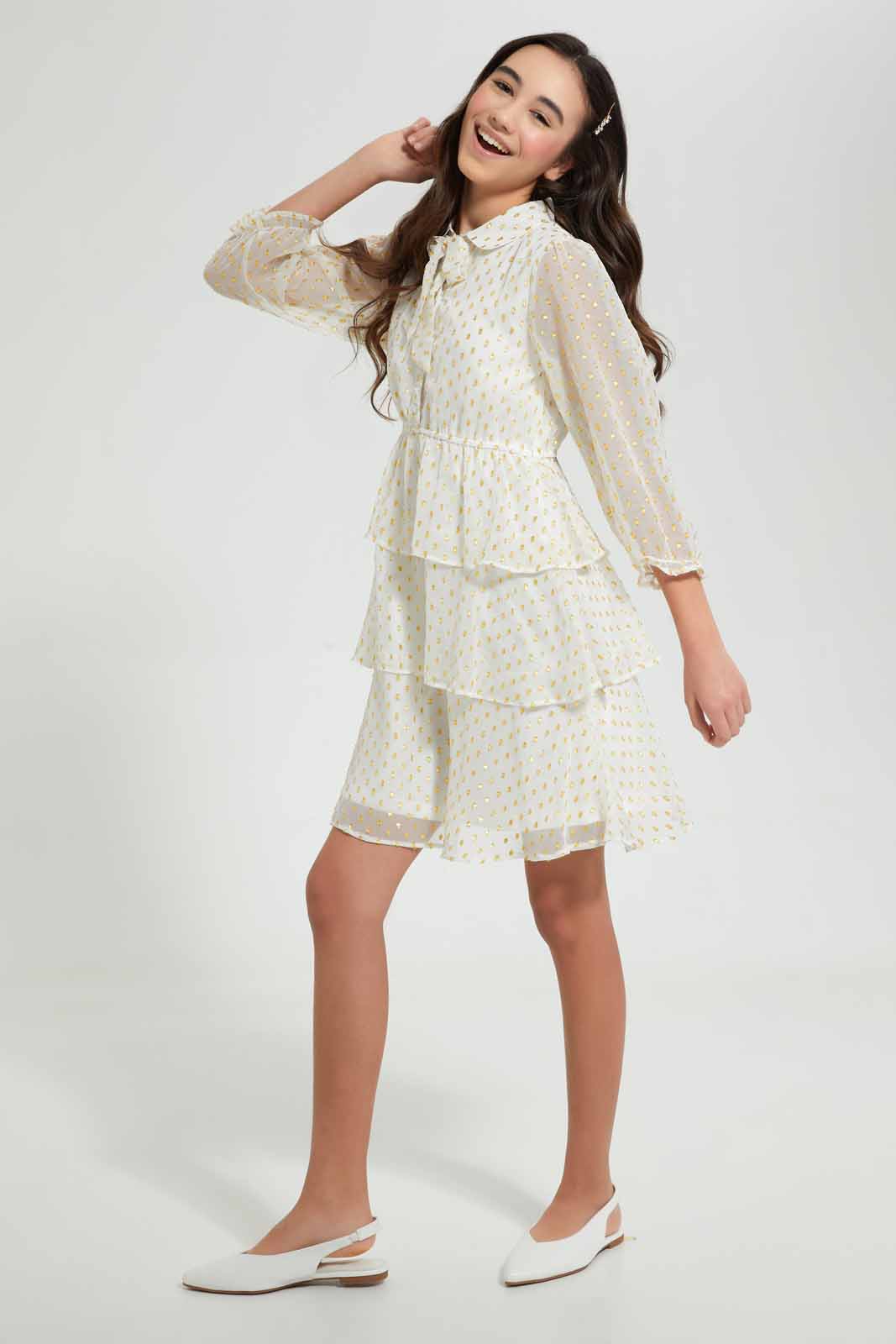 Redtag-White/Gold-Dobby-L/S-Layered-Dress-Dresses-Senior-Girls-9 to 14 Years