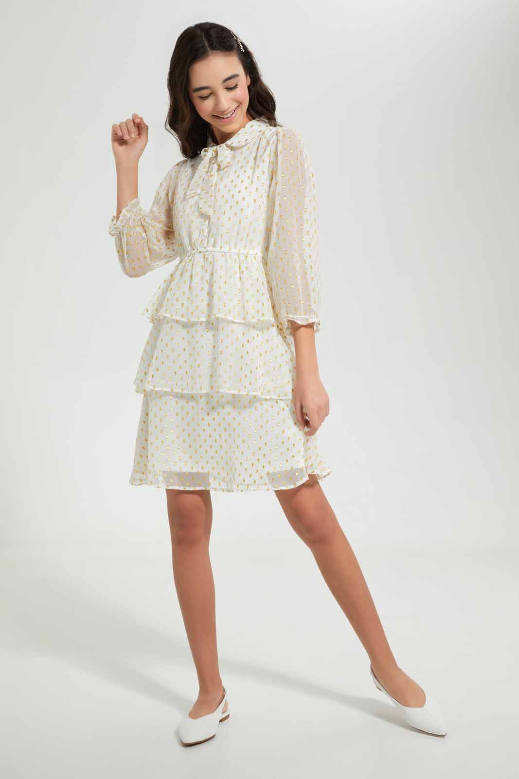 Redtag-White/Gold-Dobby-L/S-Layered-Dress-Dresses-Senior-Girls-9 to 14 Years