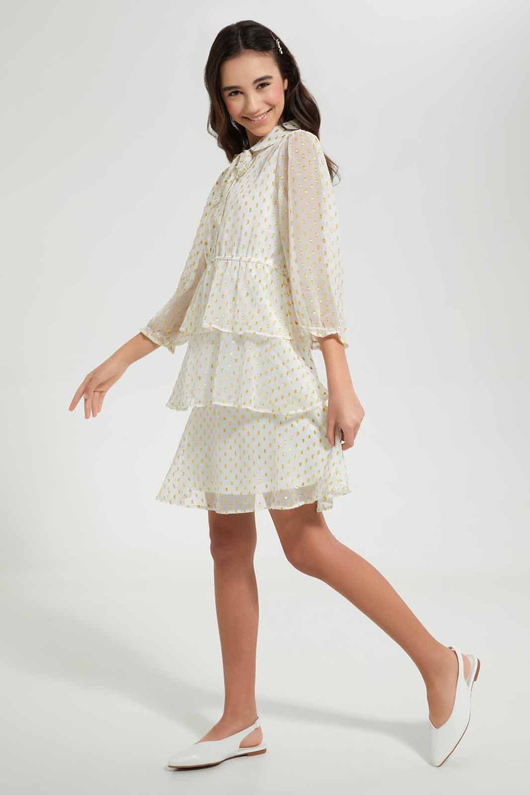 Redtag-White/Gold-Dobby-L/S-Layered-Dress-Dresses-Senior-Girls-9 to 14 Years