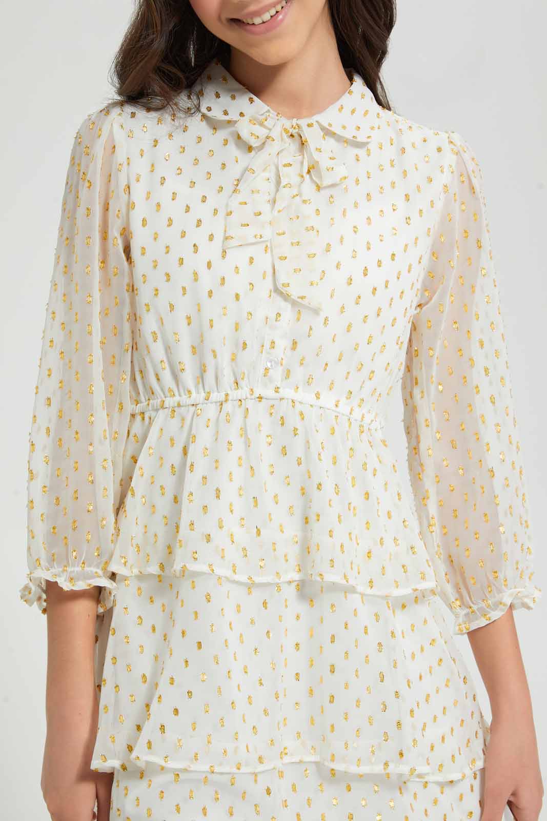 Redtag-White/Gold-Dobby-L/S-Layered-Dress-Dresses-Senior-Girls-9 to 14 Years