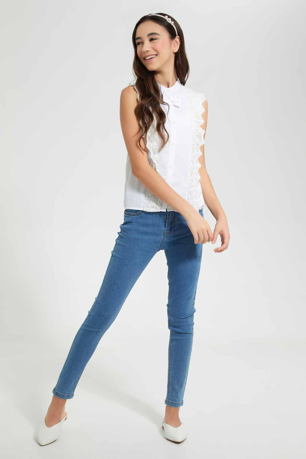 Redtag-White-Front-Lace-With-Bow-Blouses-Senior-Girls-9 to 14 Years