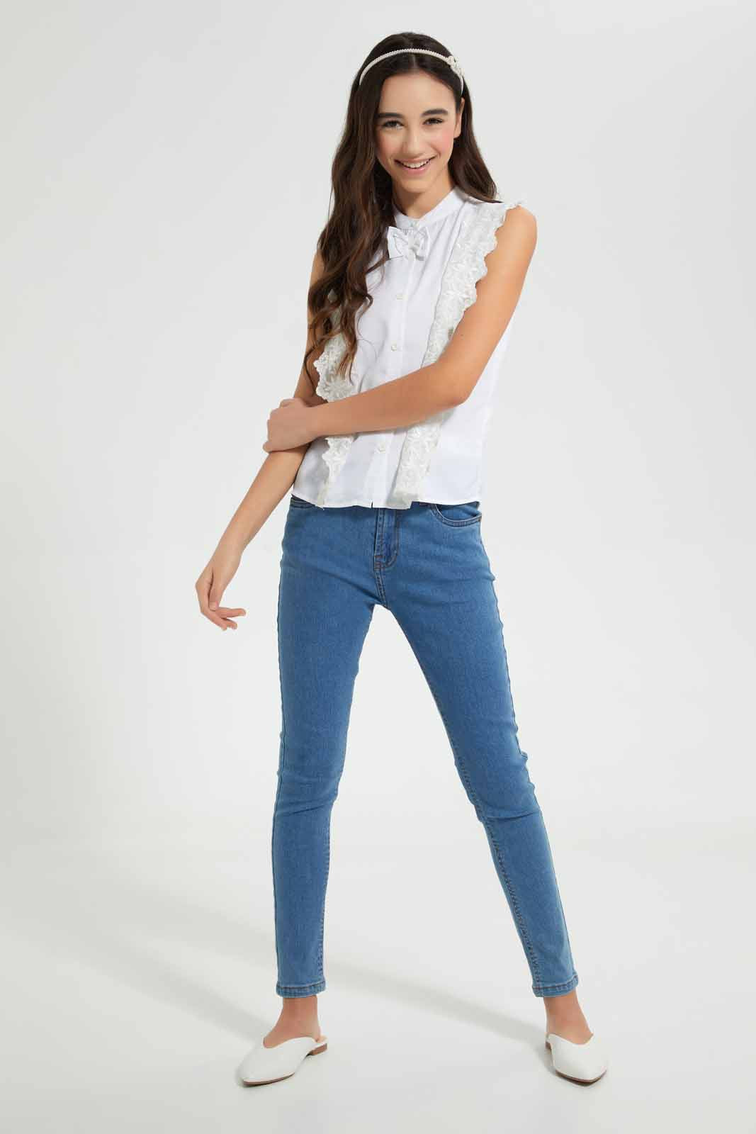 Redtag-White-Front-Lace-With-Bow-Blouses-Senior-Girls-9 to 14 Years