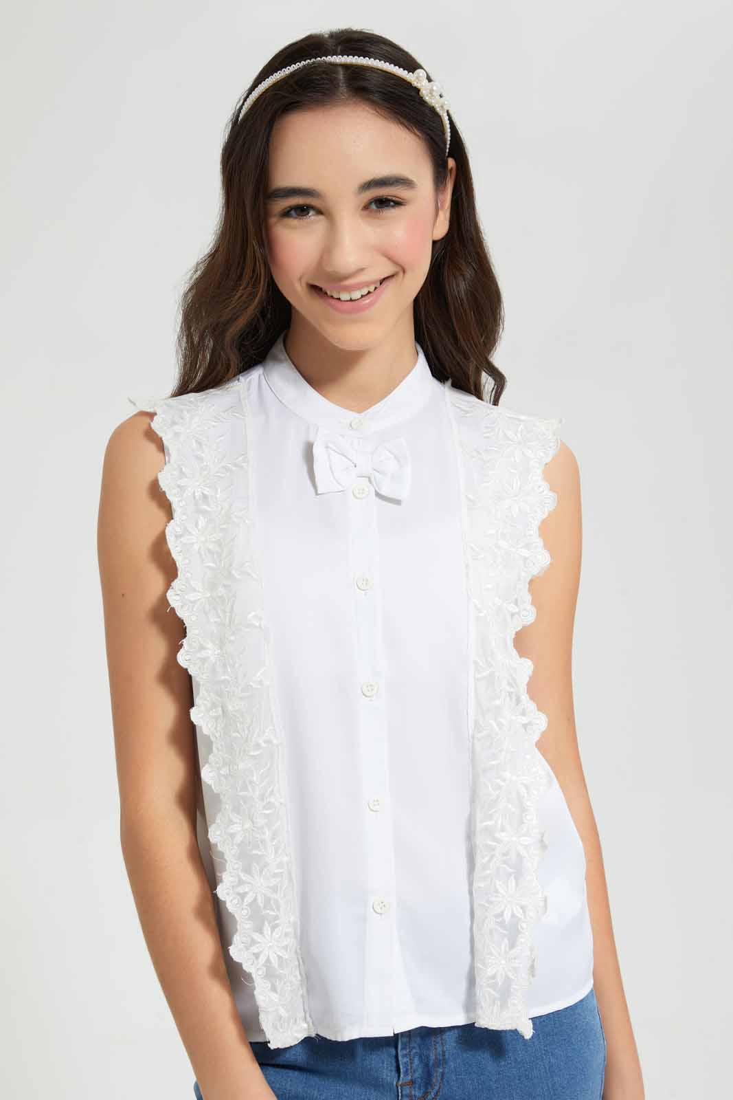 Redtag-White-Front-Lace-With-Bow-Blouses-Senior-Girls-9 to 14 Years