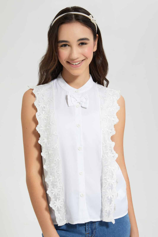 Redtag-White-Front-Lace-With-Bow-Blouses-Senior-Girls-9 to 14 Years