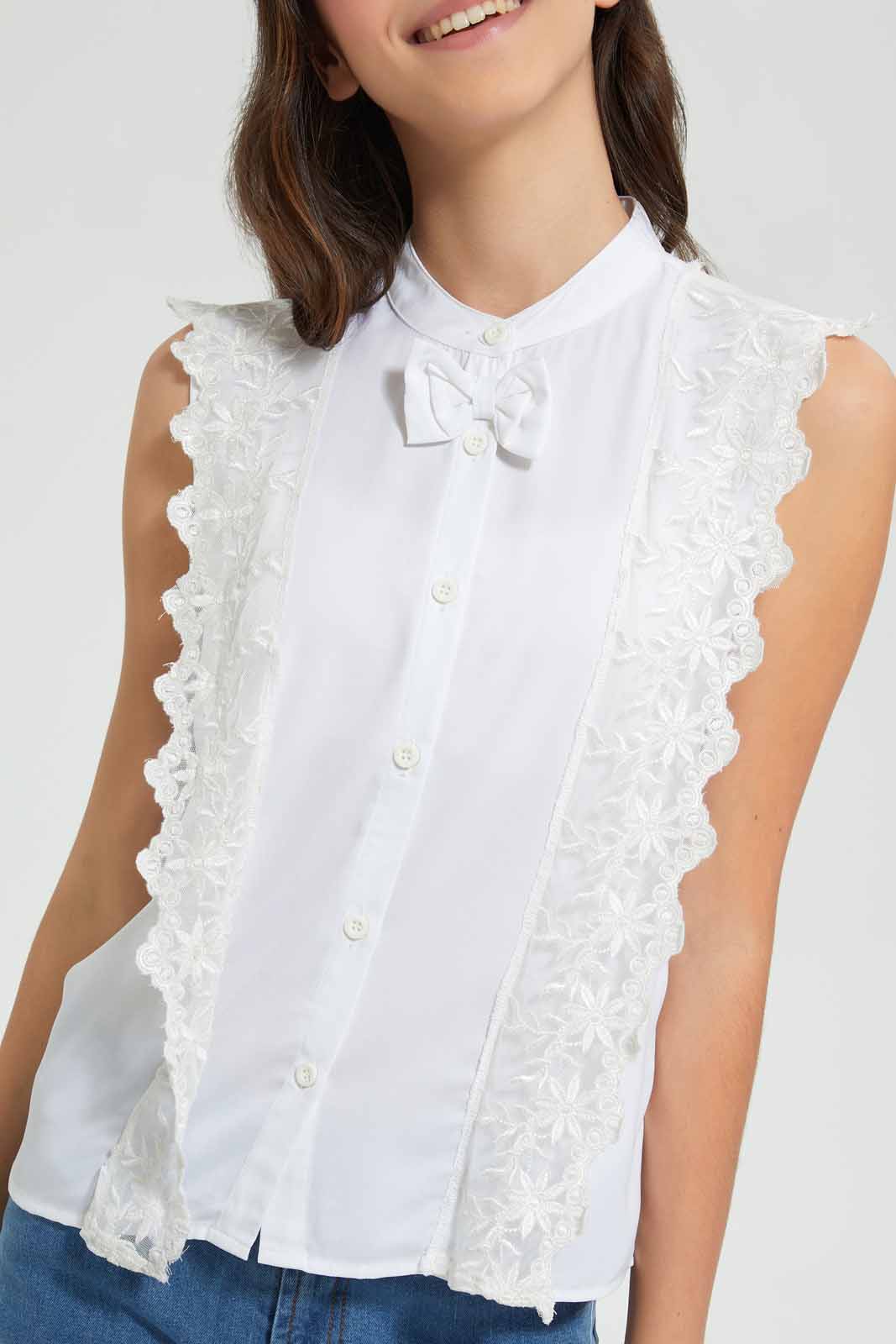 Redtag-White-Front-Lace-With-Bow-Blouses-Senior-Girls-9 to 14 Years