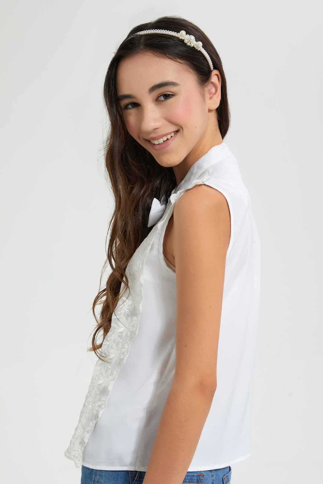 Redtag-White-Front-Lace-With-Bow-Blouses-Senior-Girls-9 to 14 Years