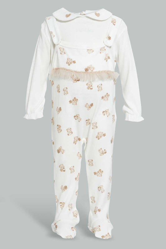 Redtag-Beige-And-White-Bear-Duangree-Sleep-Suit-With-Frill-Sleepsuits-Baby-0 to 12 Months