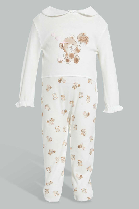 Redtag-Beige-And-White-Bear-Cut-And-Sewn-Sleep-Suit-Sleepsuits-Baby-0 to 12 Months