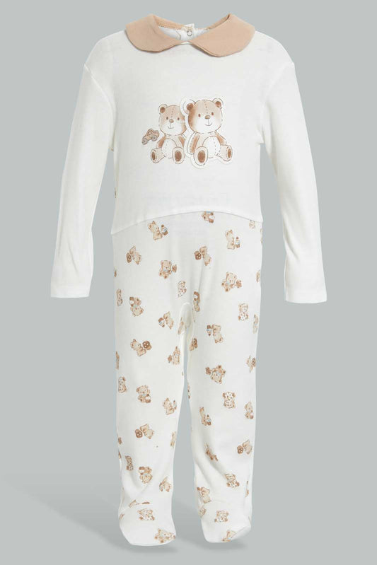 Redtag-Beige-And-White-Bear-Peterpan-Collar-Sleep-Suit-Sleepsuits-Baby-0 to 12 Months