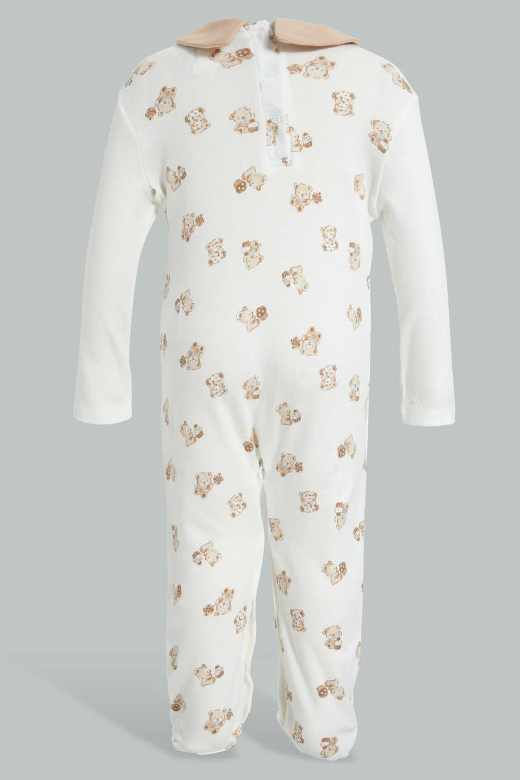 Redtag-Beige-And-White-Bear-Peterpan-Collar-Sleep-Suit-Sleepsuits-Baby-0 to 12 Months