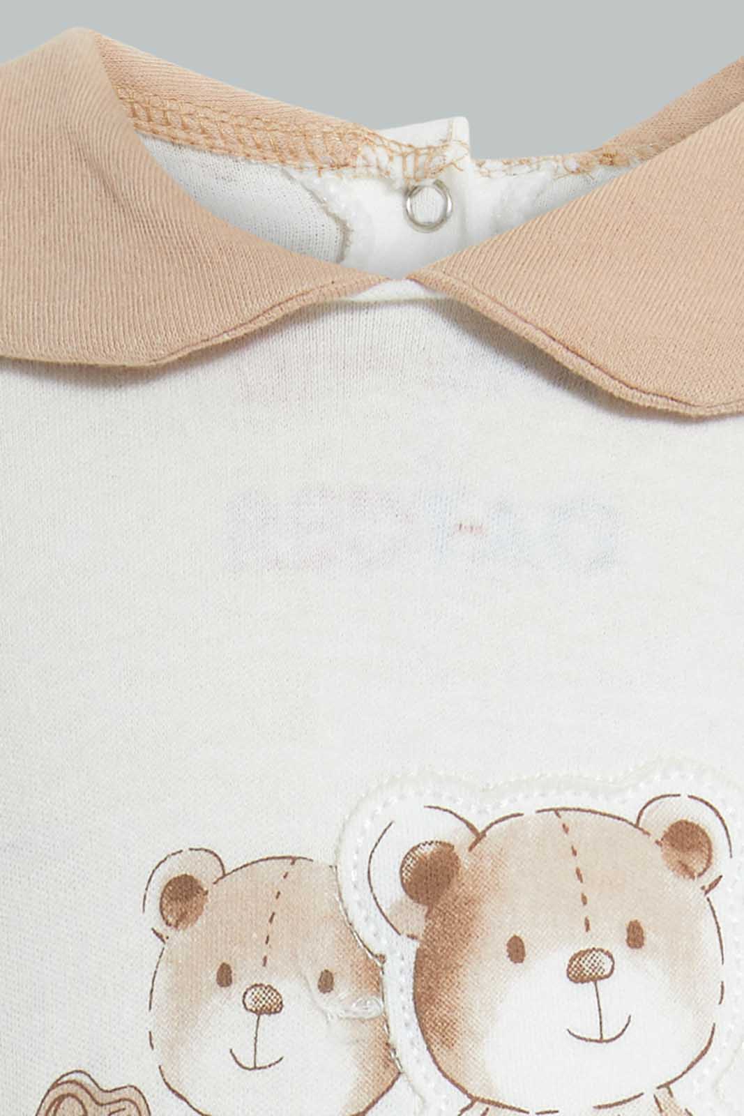 Redtag-Beige-And-White-Bear-Peterpan-Collar-Sleep-Suit-Sleepsuits-Baby-0 to 12 Months