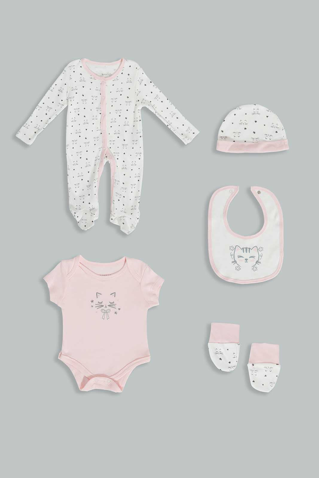 Redtag-Pink-And-White-Cat-Gift-Set-(5-Piece)-Category:Gift-Sets,-Colour:Pink,-Deals:3-For-90,-Deals:Sale,-Filter:Baby-(0-to-12-Mths),-NBG-Gift-Sets,-S22C,-Sale-NBB-APL,-Section:Girls-(0-to-14Yrs)-Baby-0 to 12 Months