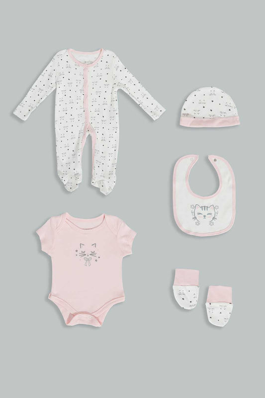Redtag-Pink-And-White-Cat-Gift-Set-(5-Piece)-Category:Gift-Sets,-Colour:Pink,-Deals:3-For-90,-Deals:Sale,-Filter:Baby-(0-to-12-Mths),-NBG-Gift-Sets,-S22C,-Sale-NBB-APL,-Section:Girls-(0-to-14Yrs)-Baby-0 to 12 Months