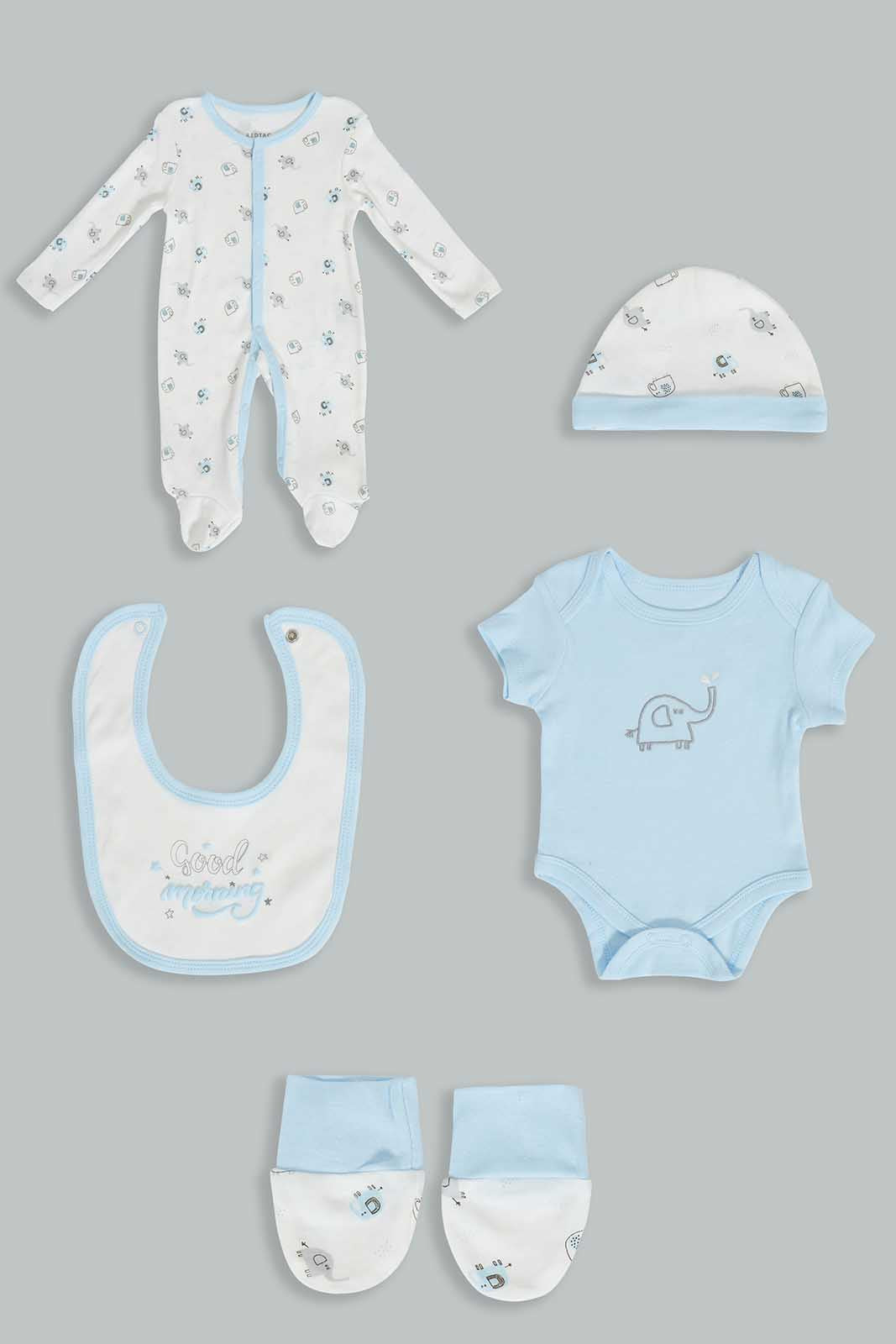 Redtag-Blue-And-White-Elephant-Gift-Set-(5-Piece)-Category:Gift-Sets,-Colour:Blue,-Deals:3-For-90,-Deals:Sale,-Filter:Baby-(0-to-12-Mths),-NBB-Gift-Sets,-S22C,-Sale-NBB-APL,-Section:Boys-(0-to-14Yrs)-Baby-0 to 12 Months