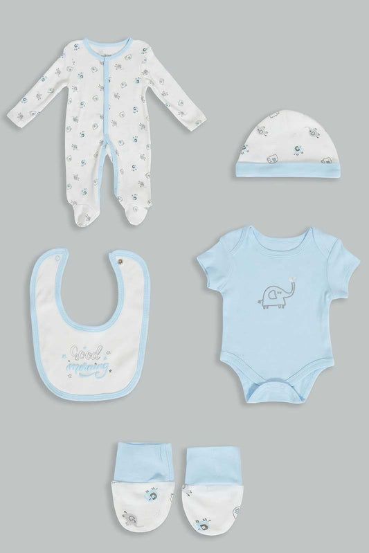 Redtag-Blue-And-White-Elephant-Gift-Set-(5-Piece)-Category:Gift-Sets,-Colour:Blue,-Deals:3-For-90,-Deals:Sale,-Filter:Baby-(0-to-12-Mths),-NBB-Gift-Sets,-S22C,-Sale-NBB-APL,-Section:Boys-(0-to-14Yrs)-Baby-0 to 12 Months