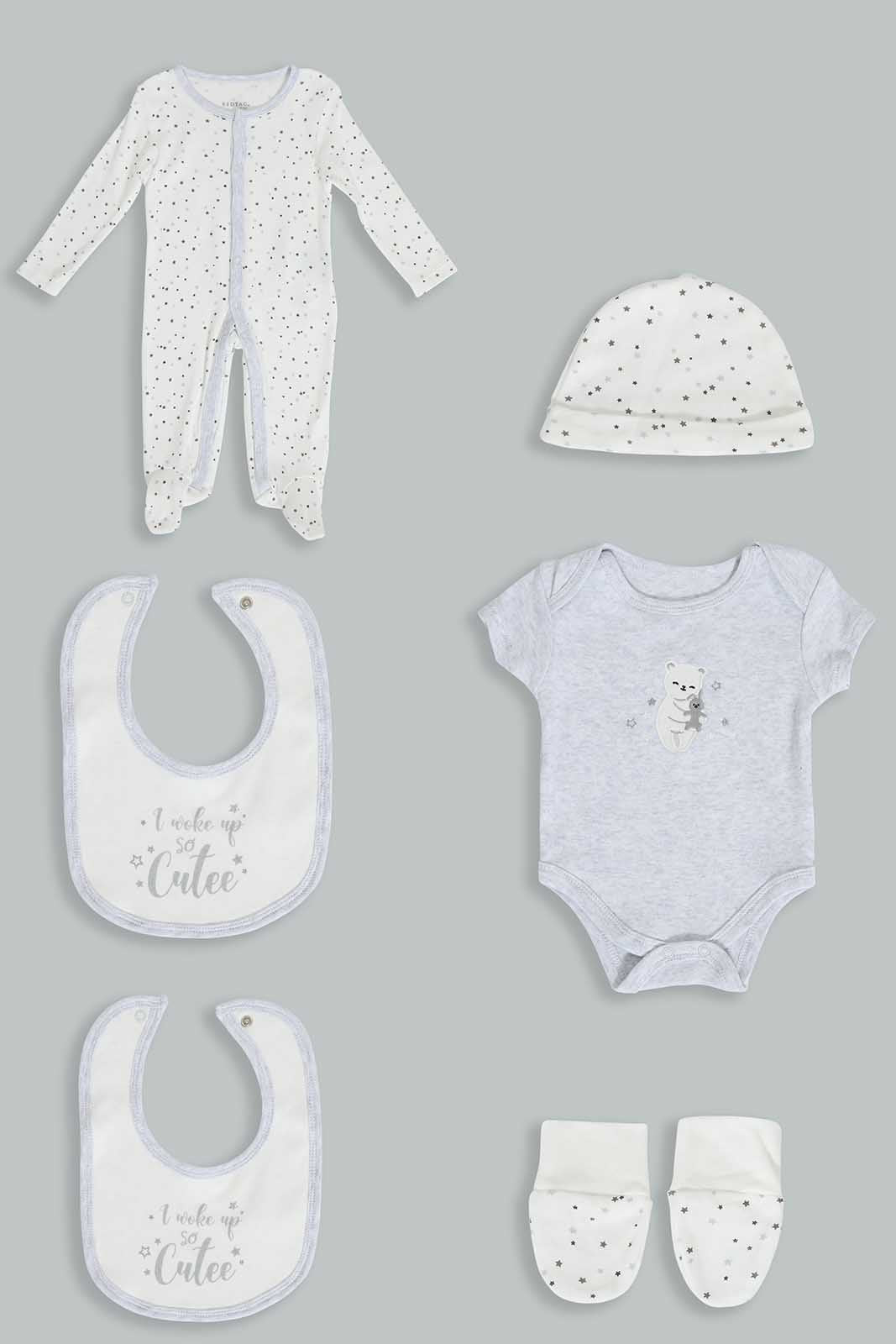 Redtag-Grey-And-White-Star-Gift-Set-(5-Piece)-Category:Gift-Sets,-Colour:Grey,-Deals:3-For-90,-Deals:Sale,-Filter:Baby-(0-to-12-Mths),-NBB-Gift-Sets,-S22C,-Sale-NBB-APL,-Section:Boys-(0-to-14Yrs)-Baby-0 to 12 Months