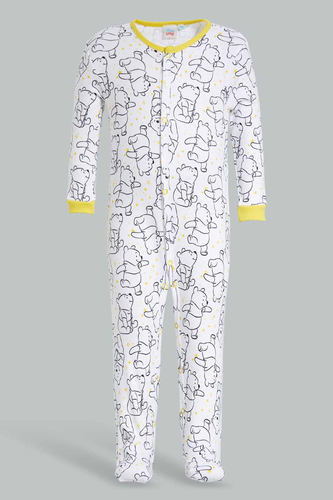 Redtag-Yellow-And-White-Winnie-The-Pooh-Sleep-Suit-Category:Sleepsuits,-CHR,-Colour:Yellow,-Deals:Sale,-Filter:Baby-(0-to-12-Mths),-NBB-Sleepsuits,-S22C,-Sale-NBB-APL,-Section:Boys-(0-to-14Yrs)-Baby-0 to 12 Months